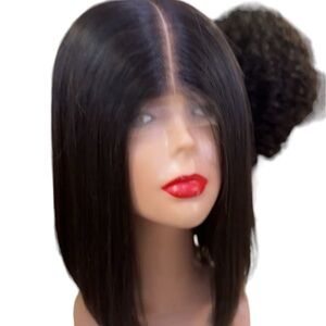 Natural color bone straight human hair bob  cut lace middle part wig